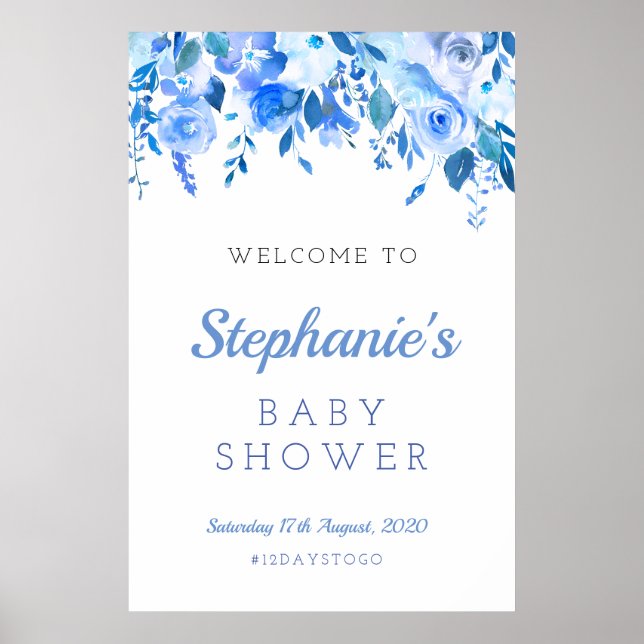 Blue floral baby shower sign, Christening welcome Poster (Front)