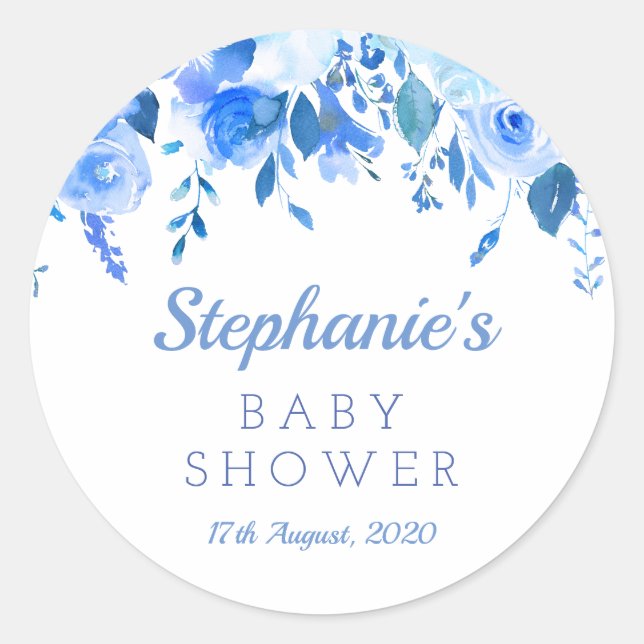 Blue floral baby shower sticker, Blue christening Classic Round Sticker (Front)