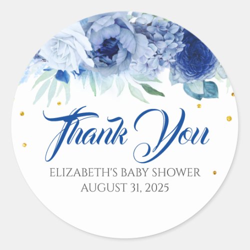 Blue Floral Baby Shower Thank You Classic Round Sticker