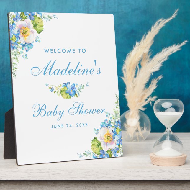 Blue Floral Baby Shower Welcome Plaque (Side)