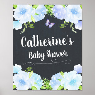 Blue Floral Baby Shower Welcome Sign Poster Decor