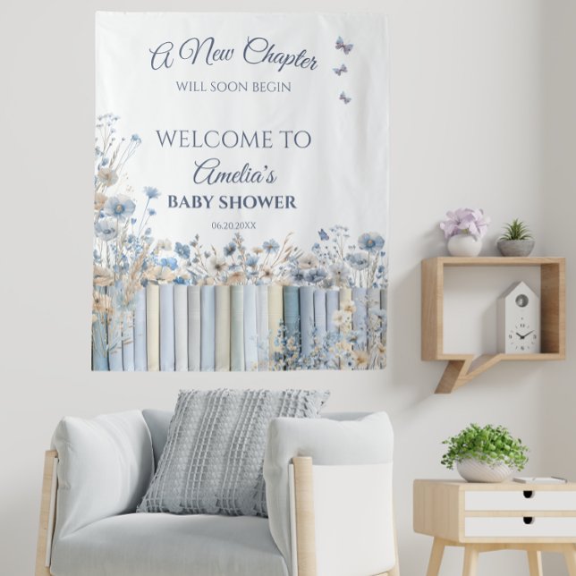Blue Floral Baby Shower Welcome Sign with Books Tapestry (Creator Uploaded)