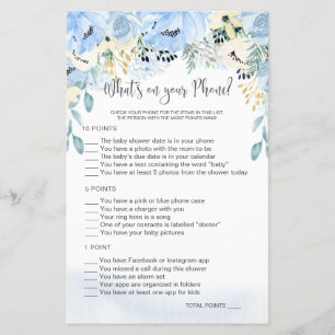 Blue Floral Baby Shower What's on Your Phone Game 