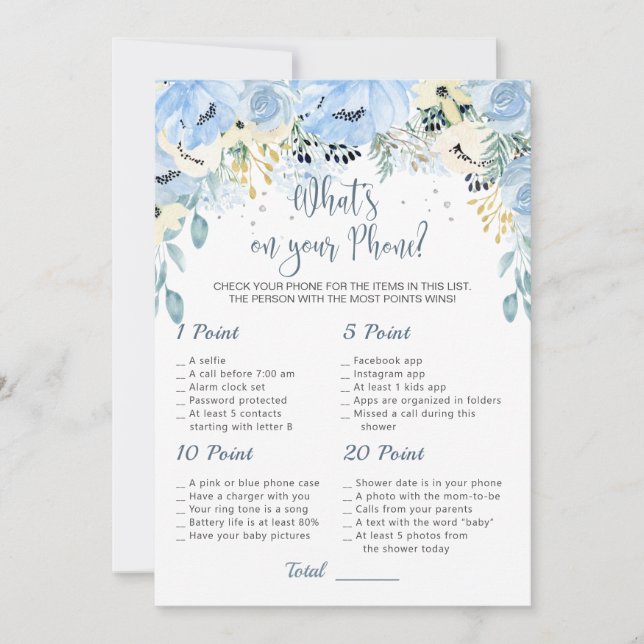 Blue Floral Baby Shower What's on Your Phone Game Invitation (Front)