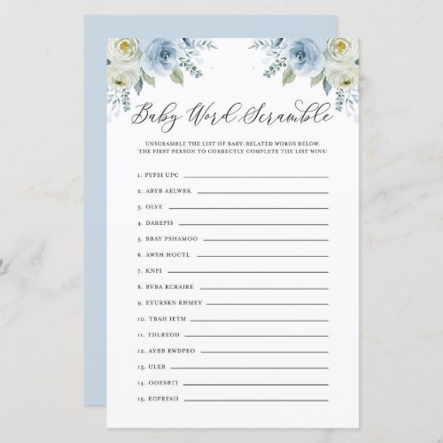 Blue Floral Baby Word Scramble Baby Shower Game