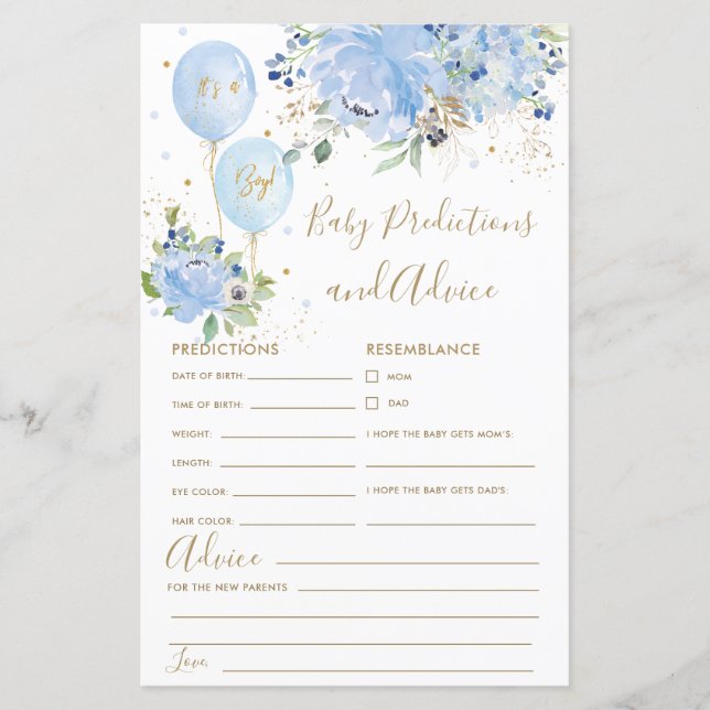 Blue Floral Balloon Baby Predictions and Advice  (Front)