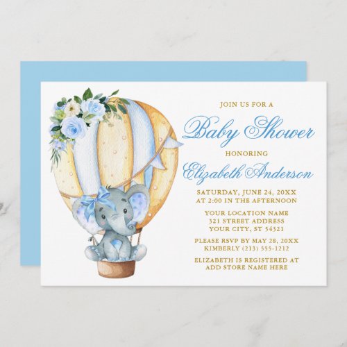 Blue Floral Balloon Elephant Bow Baby Shower Invitation