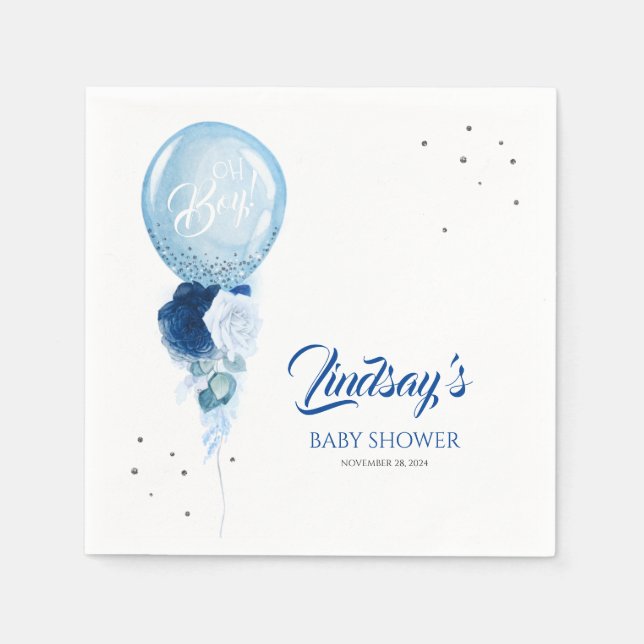 Blue Floral Balloon Garland Baby Shower Napkins (Front)