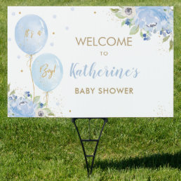 Blue Floral Balloons Baby Shower Welcome Yard Sign