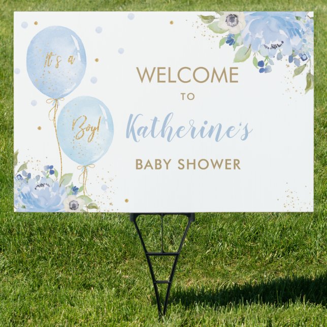 Blue Floral Balloons Baby Shower Welcome Yard Sign (Insitu)