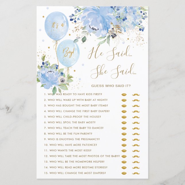 Blue Floral Balloons He Said She Said Baby Game (Front)