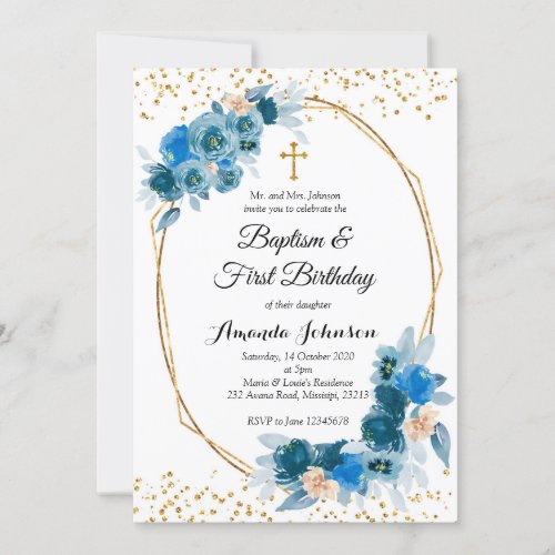 Blue Floral Baptism and First Birthday Invitation