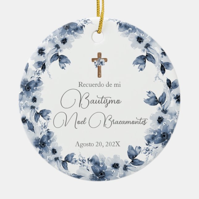 Blue floral baptism ceramic in Spanish Ornament (Front)