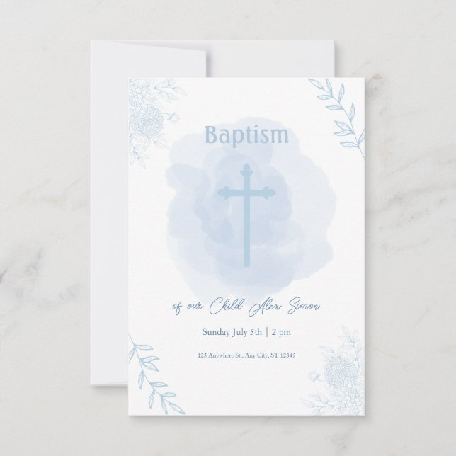 Blue Floral Baptism – Classic and Elegant RSVP Card (Front)