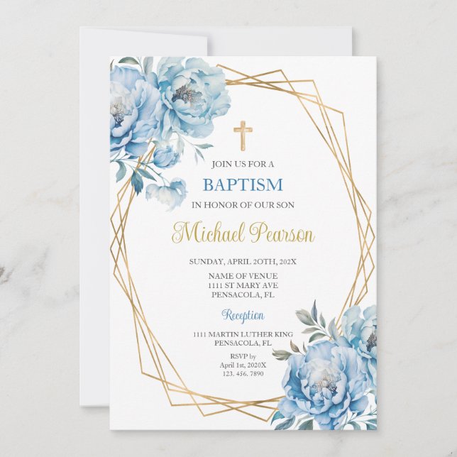 Blue floral baptism invitation (Front)