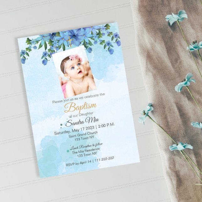 Blue Floral Baptism Invitation (Blue Floral Baptism Invite)