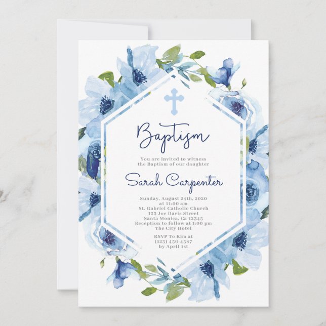 Blue floral baptism invitation (Front)
