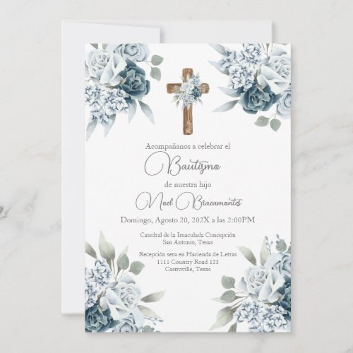 Blue floral baptism invitation in spanish 