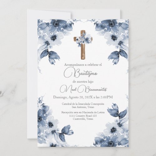 Blue floral baptism invitation in spanish 