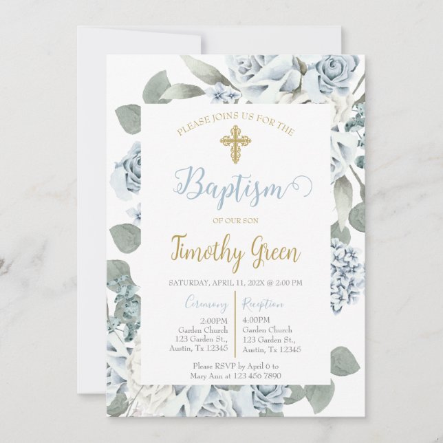  Blue floral Baptism invitation l (Front)