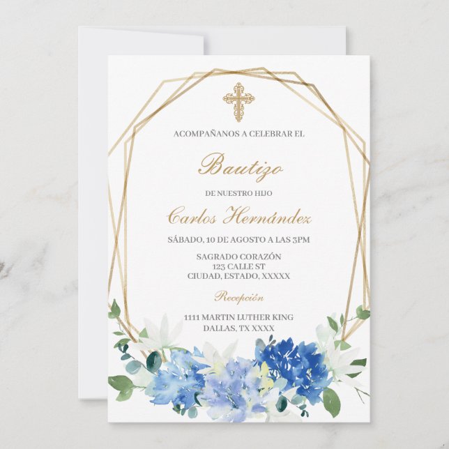 Blue floral Baptism Spanish Invitation (Front)