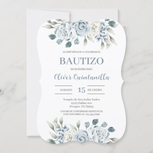 Blue Floral Baptism Spanish Invitation