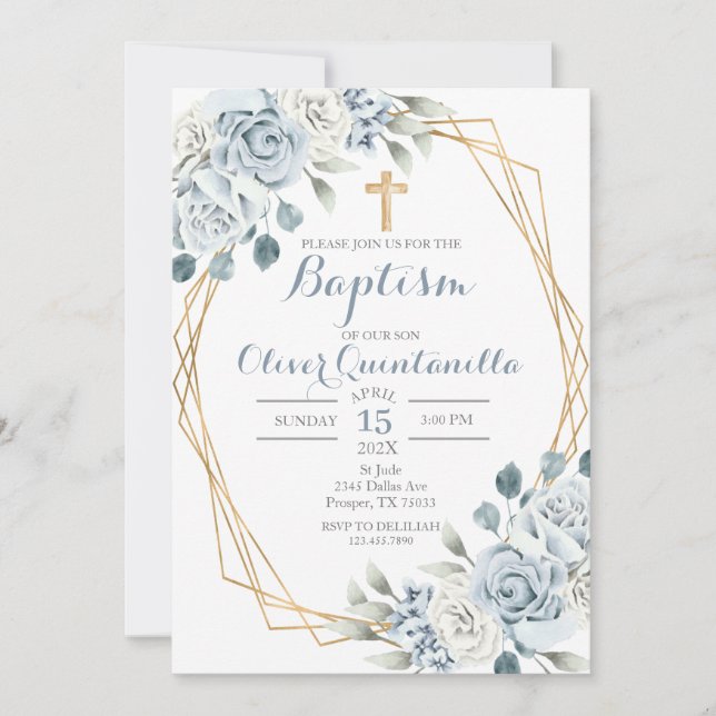 Blue Floral Baptism Spanish Invitation (Front)