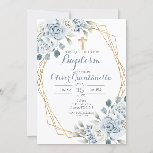 Blue Floral Baptism Spanish Invitation