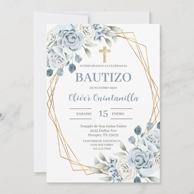Blue Floral Baptism Spanish Invitation (Front)