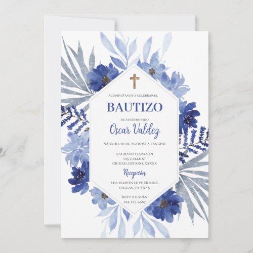 Blue floral Baptism Spanish Invitation for boy