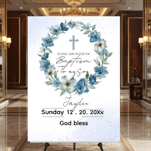Blue Floral Baptism Welcome Sign: Vintage Toile, Foam Board