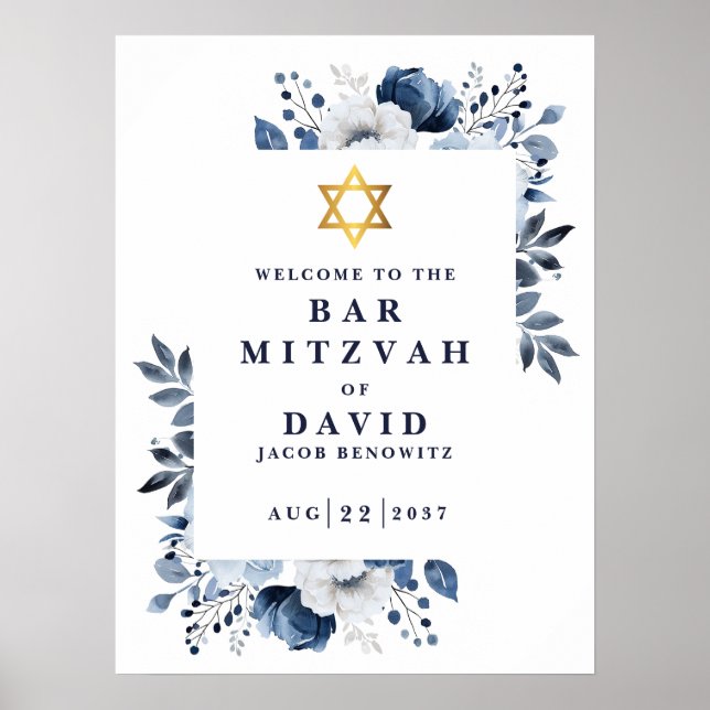Blue Floral Bar Mitzvah Bat Mitzvah Welcome Sign (Front)
