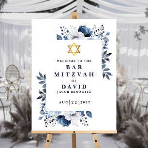 Blue Floral Bar Mitzvah Bat Mitzvah Welcome Sign
