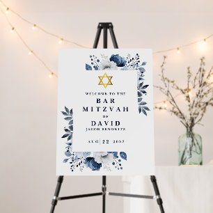 Blue Floral Bar Mitzvah Bat Mitzvah Welcome Sign