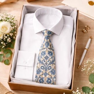 Blue Floral Baroque Pattern Elegant Classic  Neck Tie