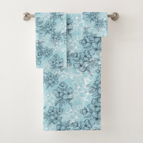 Blue Floral Bath Towels Set