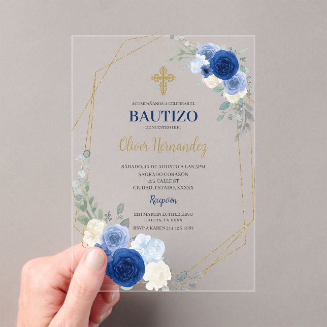 Blue Floral Bautizo Spanish acrylic Invitation (Insitu (Handheld))