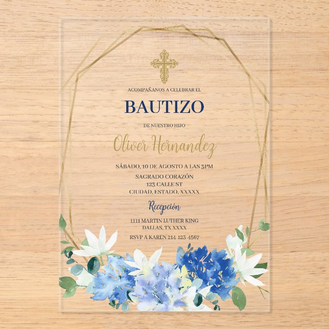 Blue Floral Bautizo Spanish Invitation (Front)