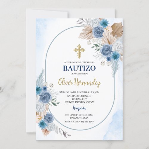 Blue Floral Bautizo Spanish Invitation