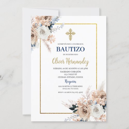 Blue Floral Bautizo Spanish Invitation