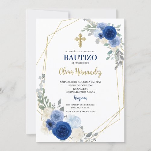 Blue Floral Bautizo Spanish Invitation