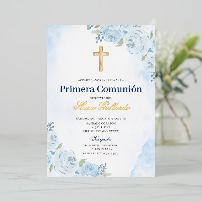 Blue Floral Bautizo Spanish Invitation Foil Invitation (Standing Front)