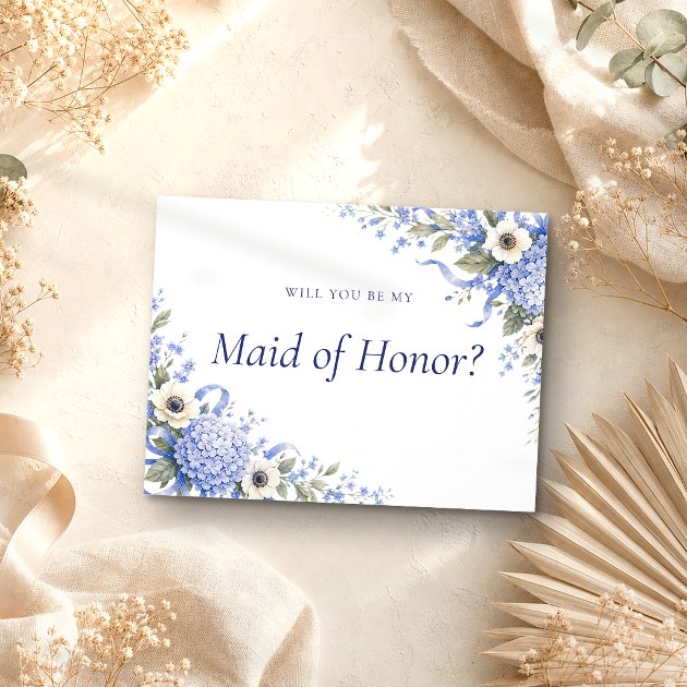 Blue Floral Be My Maid of Honor Invitation Postcard