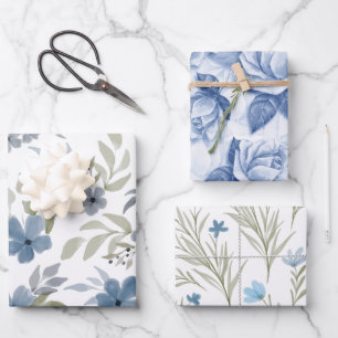 Blue Floral Beautiful Flower Garden Wrapping Paper Sheets