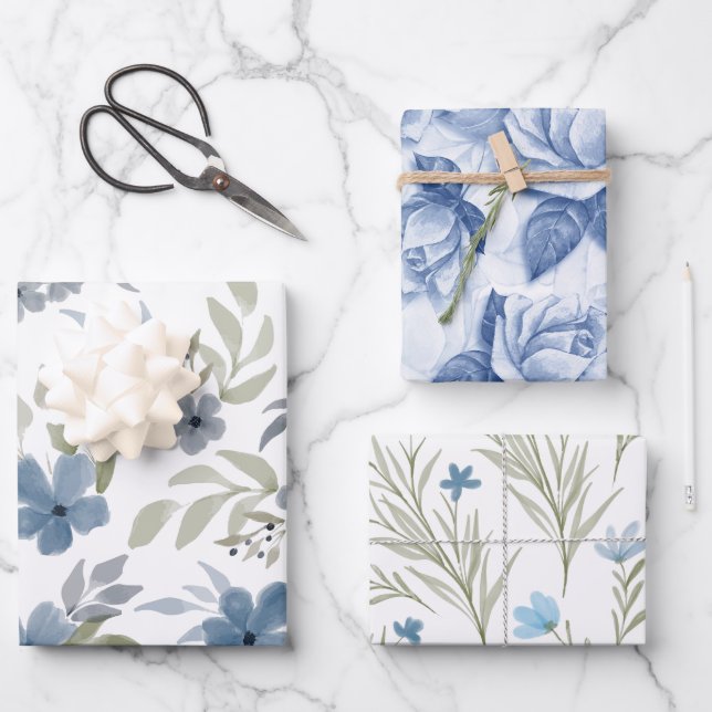 Blue Floral Beautiful Flower Garden Wrapping Paper Sheets (Front)