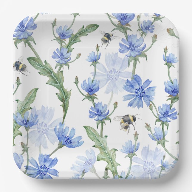 Blue Floral Bee Paper Plates (Front)