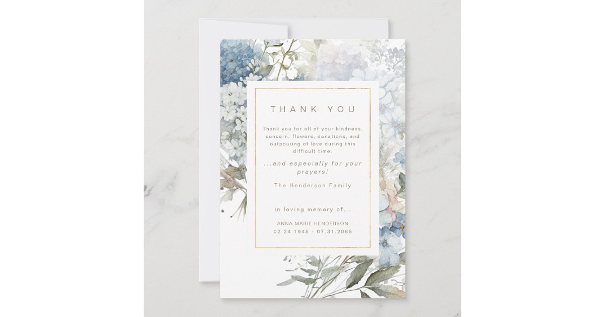 Blue Floral Bereavement Funeral Thank You Card | Zazzle