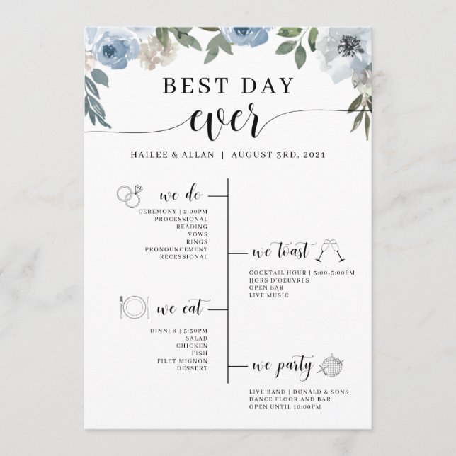 Blue Floral Best Day Ever Wedding Timeline Program (Front)
