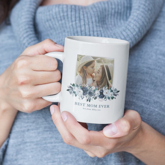 Blue Floral Best Mom Ever Photo Coffee Mug (Creator Uploaded)