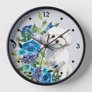 Blue Floral Bichon Frise Dog Clock